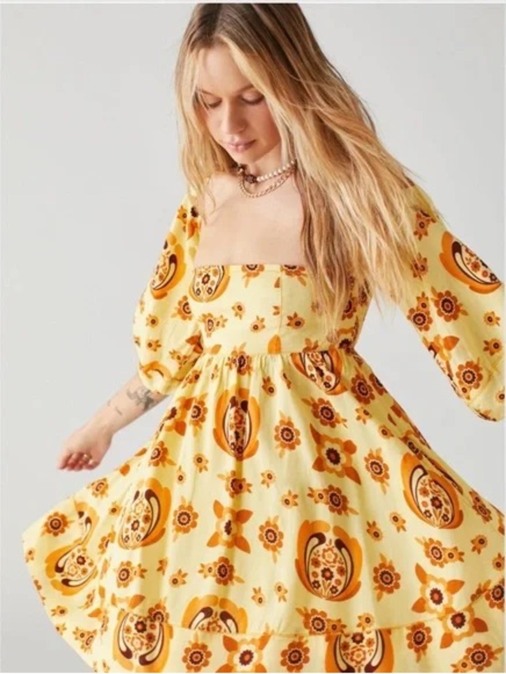 Urban Outfitters Yellow Floral Puff-Sleeve Dress